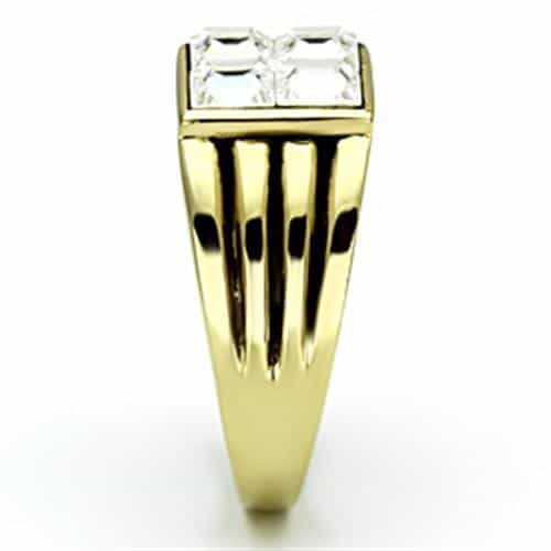 Stainless Steel Gold IP CZ Princess Clear Ribbed Square Mens Ring view 8