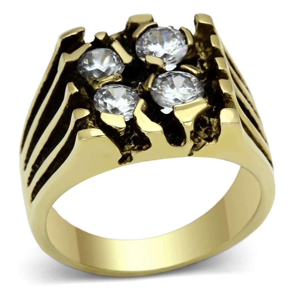 Stainless Steel Gold IP CZ Three Stone Claw Stripe Mens Ring view 1