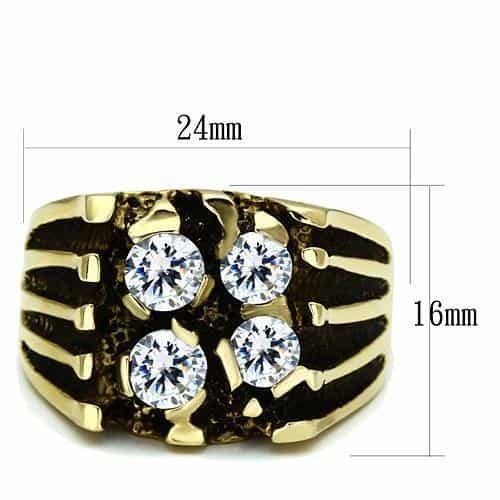Stainless Steel Gold IP CZ Three Stone Claw Stripe Mens Ring view 2