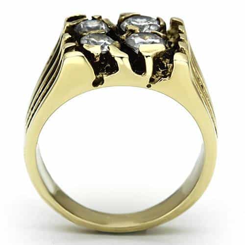 Stainless Steel Gold IP CZ Three Stone Claw Stripe Mens Ring view 7