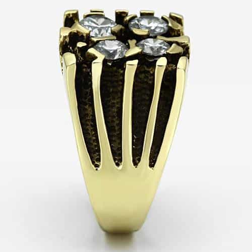 Stainless Steel Gold IP CZ Three Stone Claw Stripe Mens Ring view 8