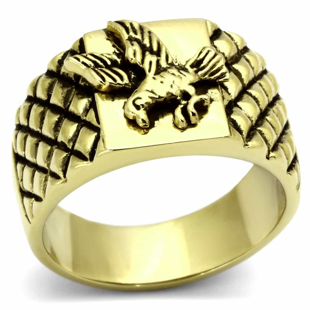 Stainless Steel Gold IP Eagle Carved Military Signet Ring view 1