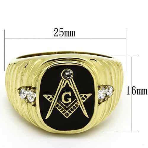 Stainless Steel Gold IP Masonic Black Enamel Oval Ribbed Ring view 6
