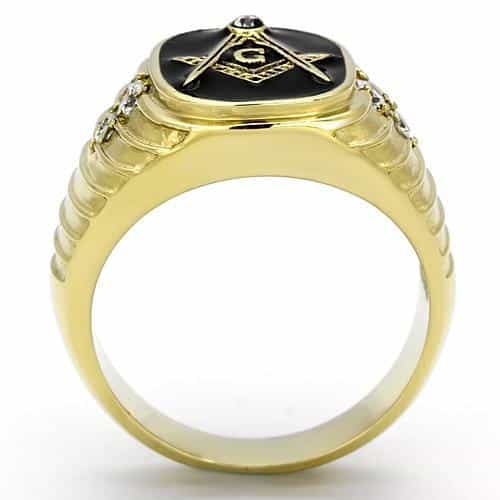 Stainless Steel Gold IP Masonic Black Enamel Oval Ribbed Ring view 3