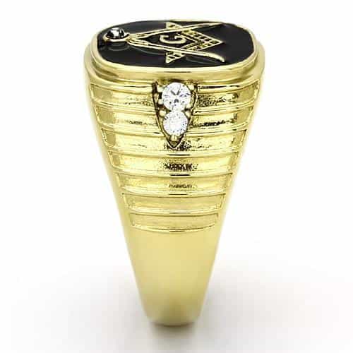 Stainless Steel Gold IP Masonic Black Enamel Oval Ribbed Ring view 8