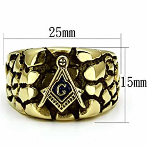 Stainless Steel Gold IP Masonic Nugget Texture Round Mens Ring view 6