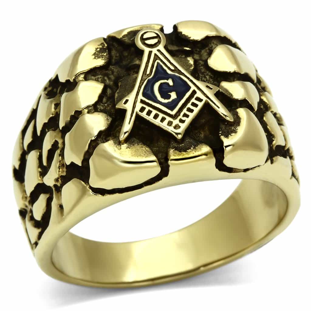 Stainless Steel Gold IP Masonic Nugget Texture Round Mens Ring view 1
