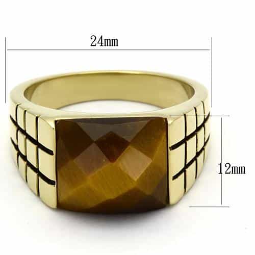 Stainless Steel Gold IP Tiger Eye Faceted Square Crosshatch Ring view 6