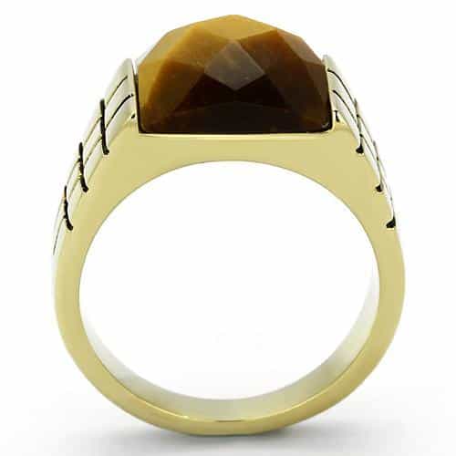 Stainless Steel Gold IP Tiger Eye Faceted Square Crosshatch Ring view 7