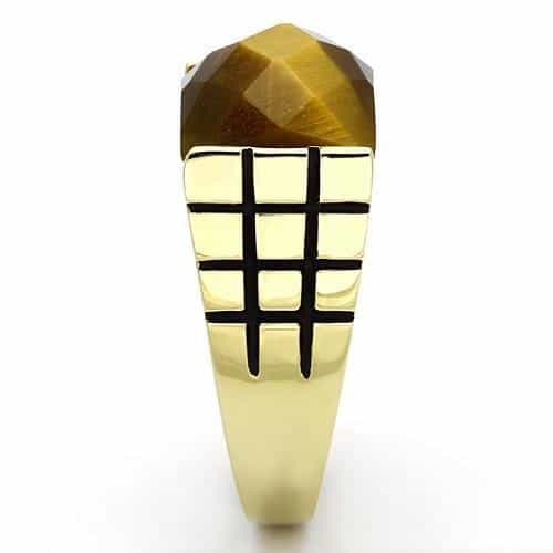Stainless Steel Gold IP Tiger Eye Faceted Square Crosshatch Ring view 8