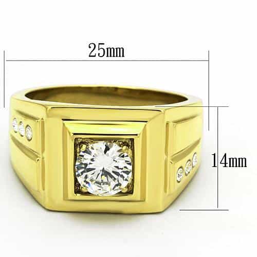 Stainless Steel Gold IP CZ Round Clear Square Bezel Side Ring view 2