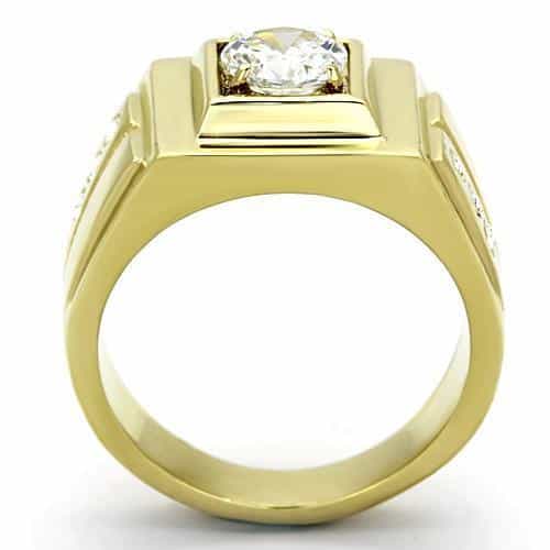 Stainless Steel Gold IP CZ Round Clear Square Bezel Side Ring view 3