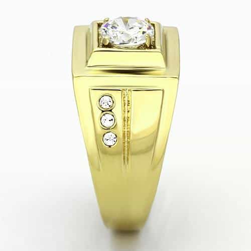 Stainless Steel Gold IP CZ Round Clear Square Bezel Side Ring view 8