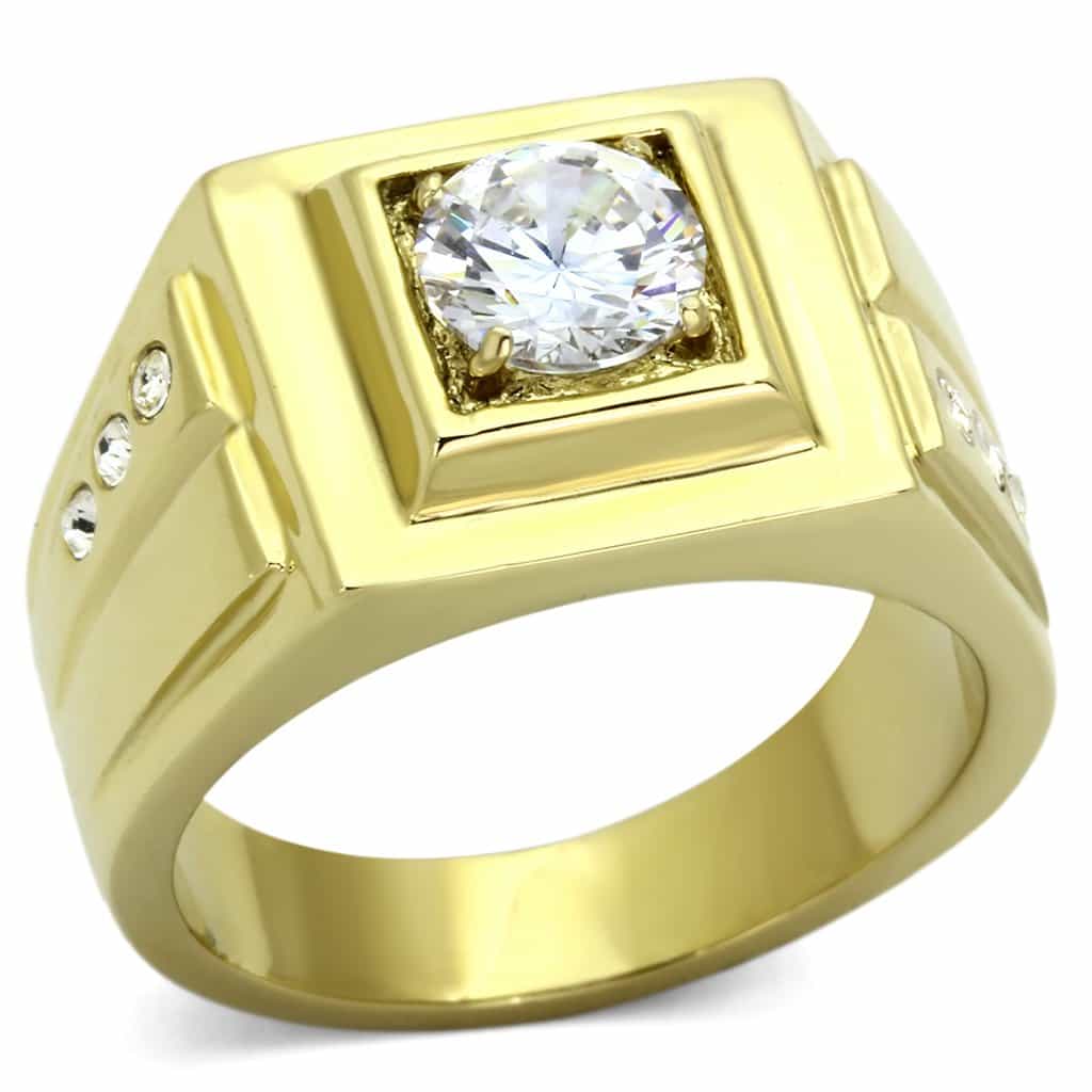 Stainless Steel Gold IP CZ Round Clear Square Bezel Side Ring view 1