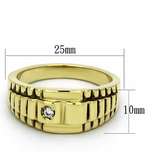 Stainless Steel Gold IP CZ Round Small Ribbed Wide Mens Ring view 6