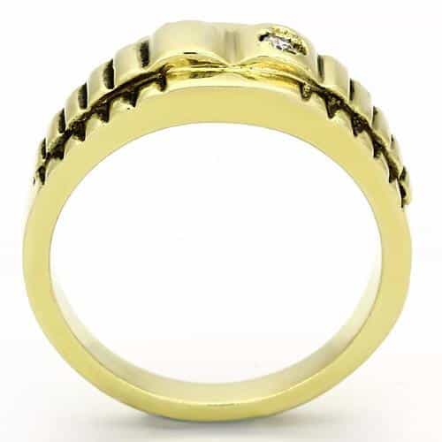 Stainless Steel Gold IP CZ Round Small Ribbed Wide Mens Ring view 7