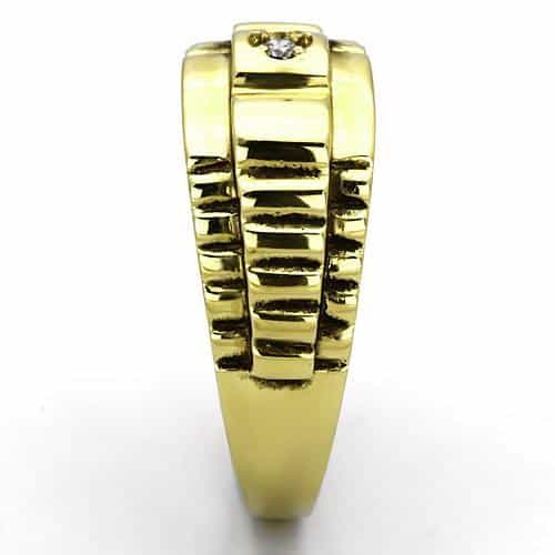 Stainless Steel Gold IP CZ Round Small Ribbed Wide Mens Ring view 8