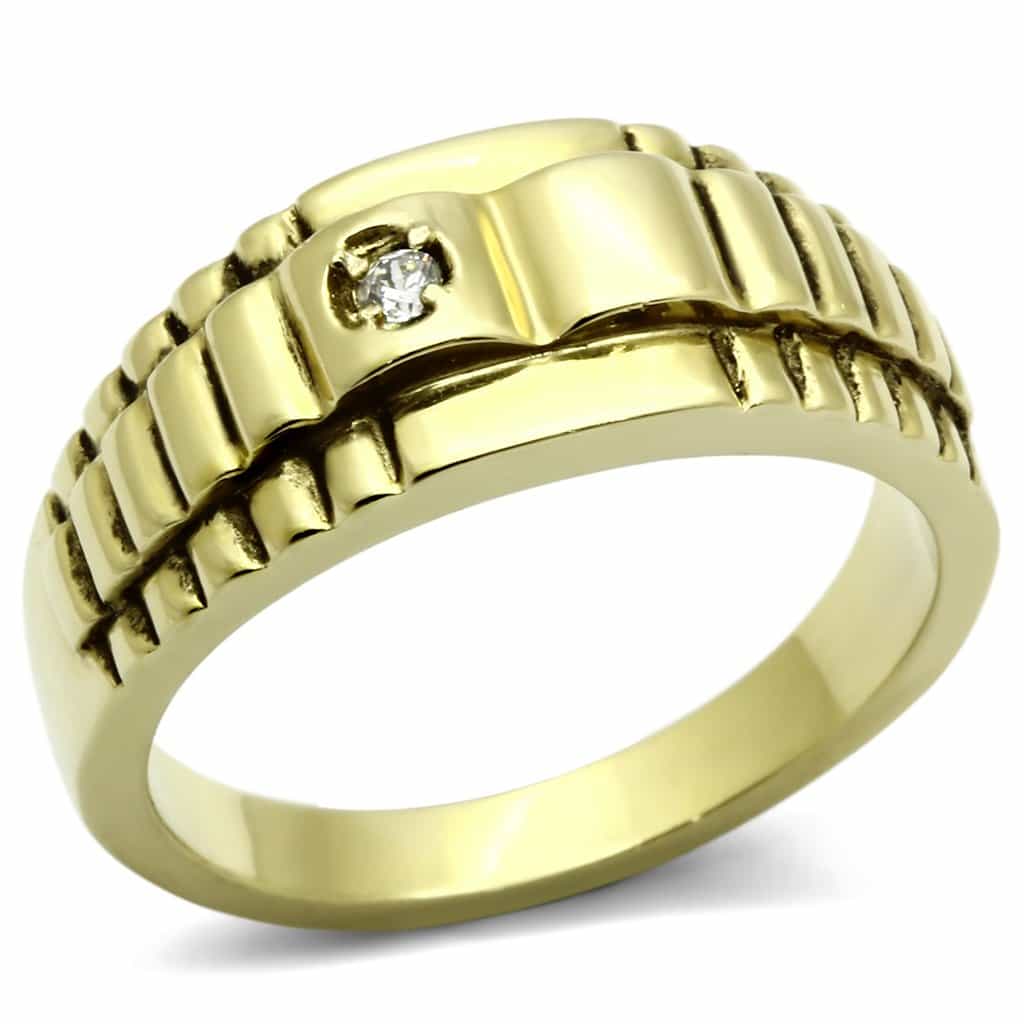 Stainless Steel Gold IP CZ Round Small Ribbed Wide Mens Ring view 1