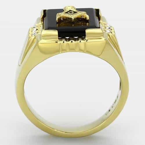 Stainless Steel Gold IP Masonic Black Onyx Rectangle CZ Mens Ring view 7