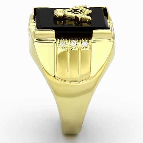 Stainless Steel Gold IP Masonic Black Onyx Rectangle CZ Mens Ring view 4