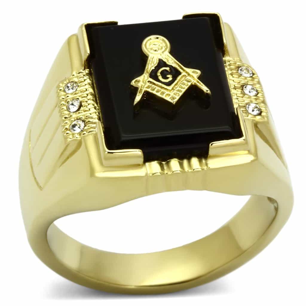 Stainless Steel Gold IP Masonic Black Onyx Rectangle CZ Mens Ring view 1