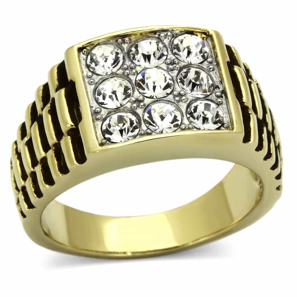 Stainless Steel Gold IP CZ Grid Pave Ribbed Square Mens Ring view 5