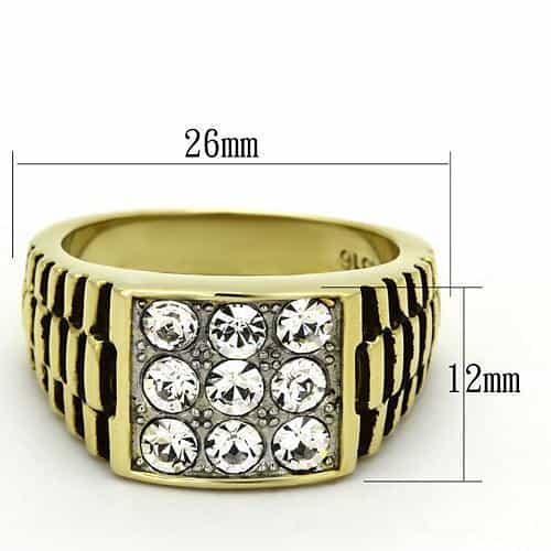 Stainless Steel Gold IP CZ Grid Pave Ribbed Square Mens Ring view 6