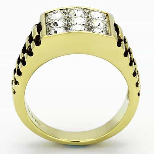Stainless Steel Gold IP CZ Grid Pave Ribbed Square Mens Ring view 3