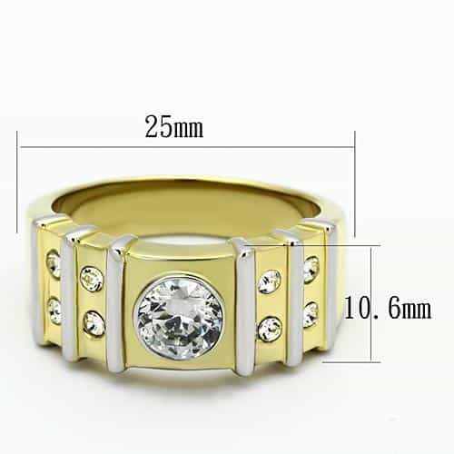 Stainless Steel Gold IP CZ Round Clear Bezel Ribbed Mens Ring view 2