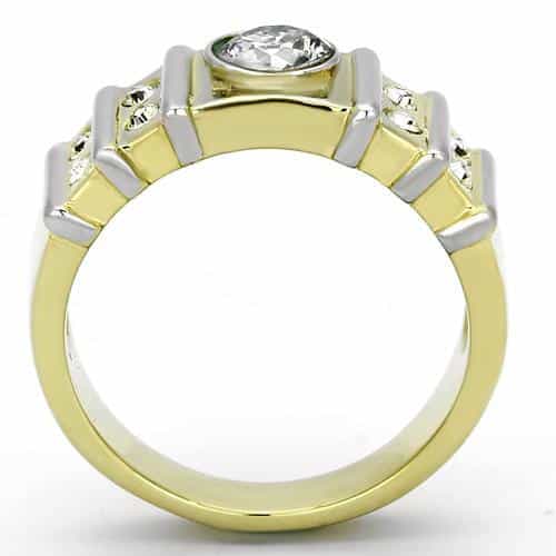Stainless Steel Gold IP CZ Round Clear Bezel Ribbed Mens Ring view 7