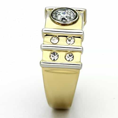 Stainless Steel Gold IP CZ Round Clear Bezel Ribbed Mens Ring view 4