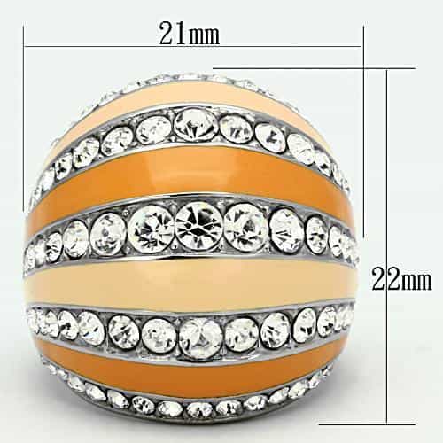 Stainless Steel Silver Orange Peach CZ Pave Stripe Dome Ring view 6