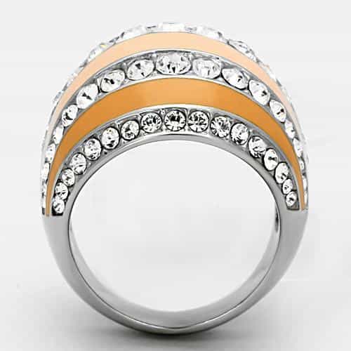 Stainless Steel Silver Orange Peach CZ Pave Stripe Dome Ring view 3