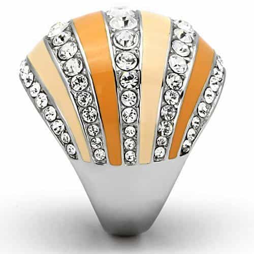 Stainless Steel Silver Orange Peach CZ Pave Stripe Dome Ring view 8