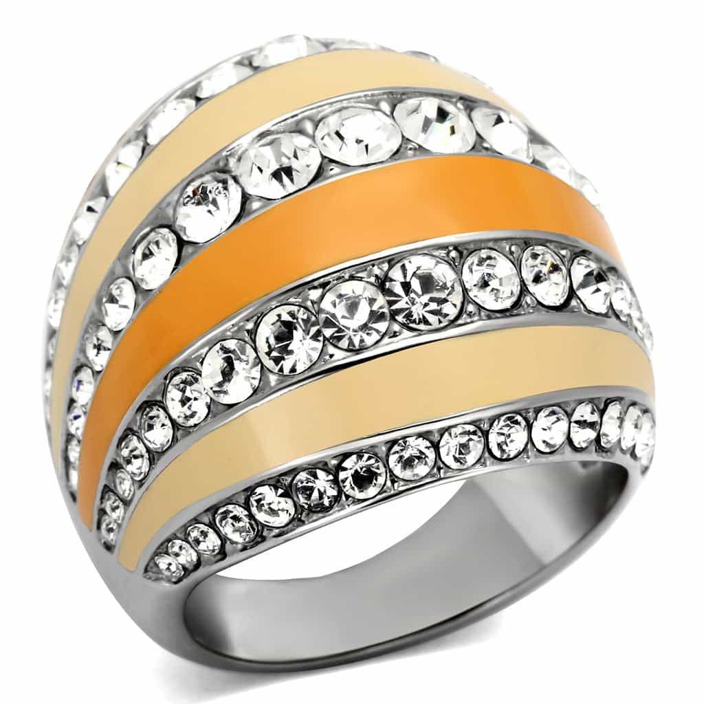 Stainless Steel Silver Orange Peach CZ Pave Stripe Dome Ring view 5