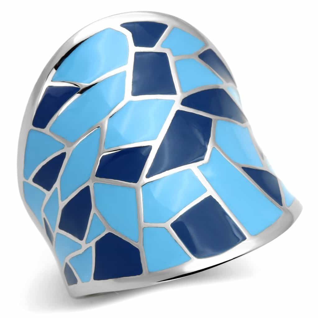 Stainless Steel Silver Blue Navy Enamel Mosaic Geometric Ring view 5