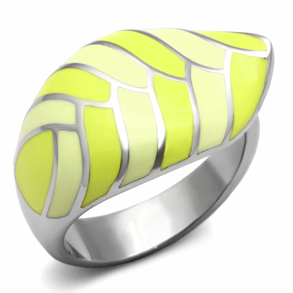 Stainless Steel Silver Yellow Green Enamel Leaf Wave Dome Ring view 1