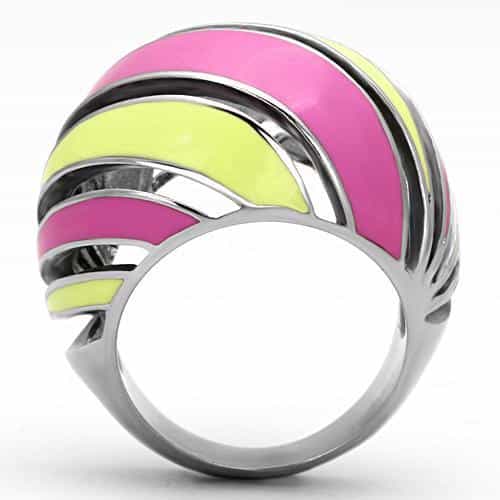 Stainless Steel Silver Pink Yellow Enamel Swirl Stripe Dome Ring view 3