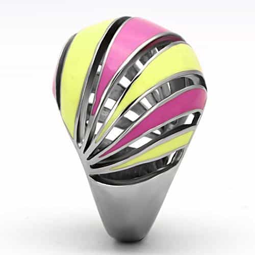 Stainless Steel Silver Pink Yellow Enamel Swirl Stripe Dome Ring view 8