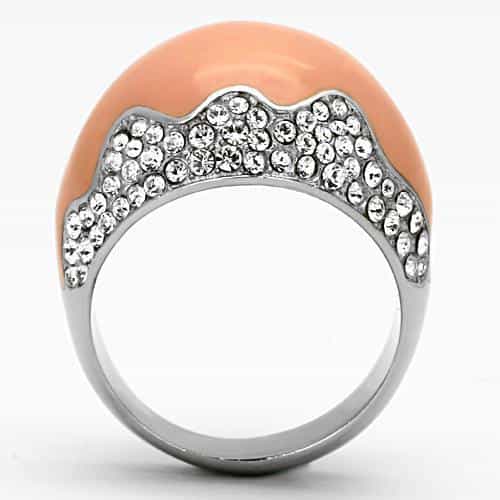Stainless Steel Silver Peach Enamel Crystal Pave Half Dome Ring view 7