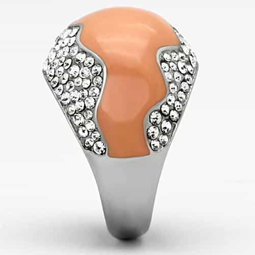 Stainless Steel Silver Peach Enamel Crystal Pave Half Dome Ring view 8