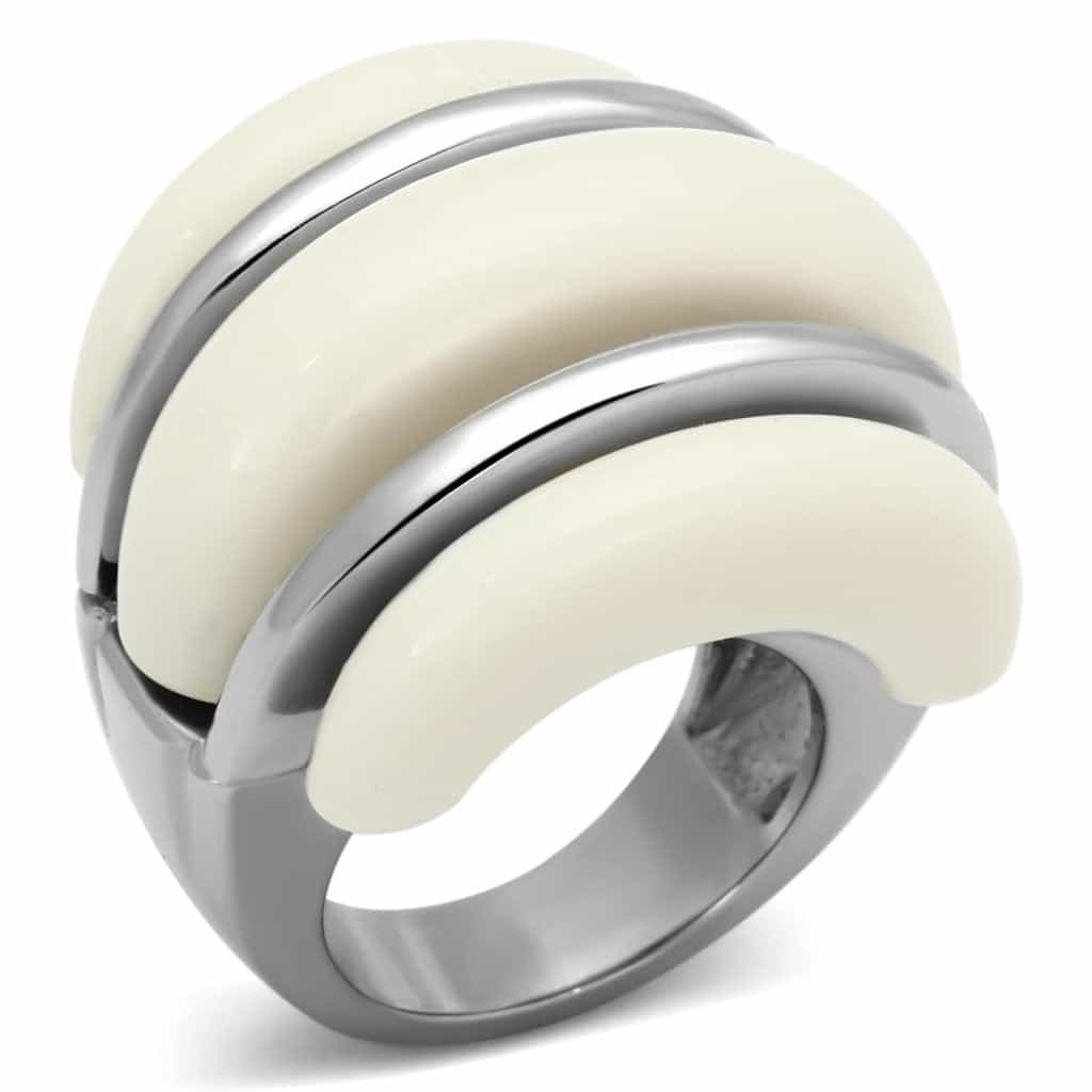 Stainless Steel Silver Cream Enamel Triple Tier Dome Ring view 1