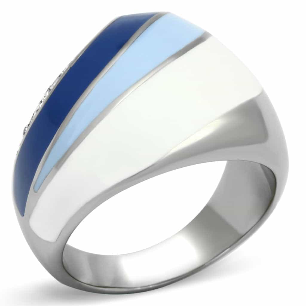 Stainless Steel Silver Blue White Enamel Stripe Dome Ring view 5