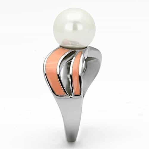 Stainless Steel Silver Peach Enamel Pearl Accent Open Ring view 8