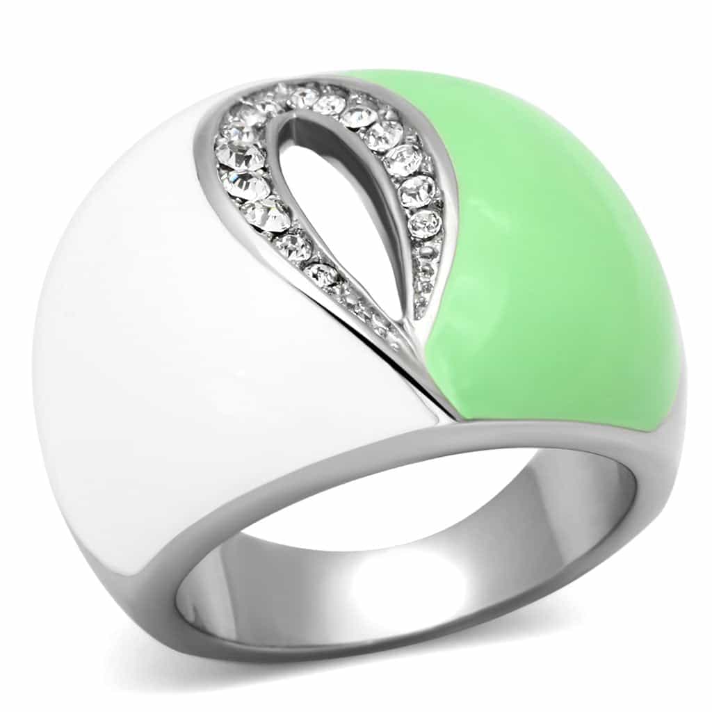 Stainless Steel Silver Green White Enamel CZ Teardrop Dome Ring view 5