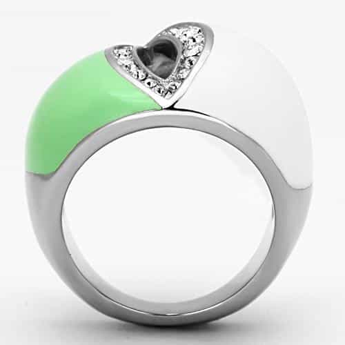 Stainless Steel Silver Green White Enamel CZ Teardrop Dome Ring view 7