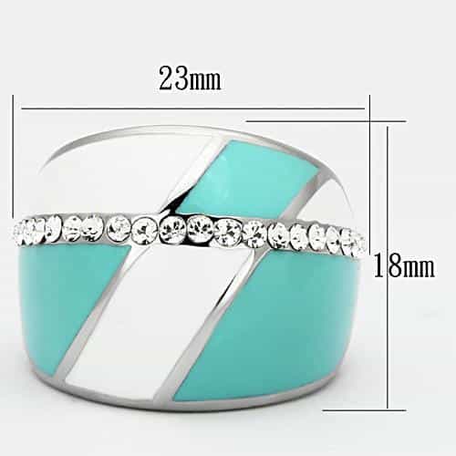 Stainless Steel Silver Teal White Enamel CZ Wave Dome Ring view 6