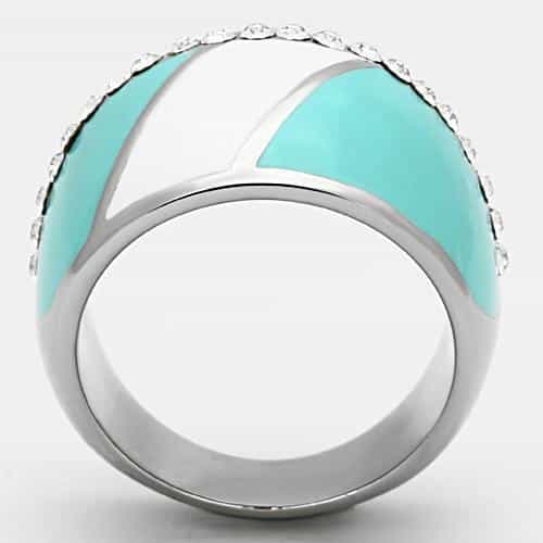 Stainless Steel Silver Teal White Enamel CZ Wave Dome Ring view 3