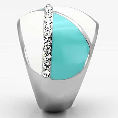 Stainless Steel Silver Teal White Enamel CZ Wave Dome Ring view 8