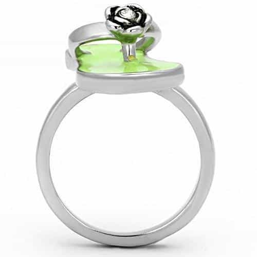 Stainless Steel Silver Green Enamel Heart Flower Accent Ring view 7